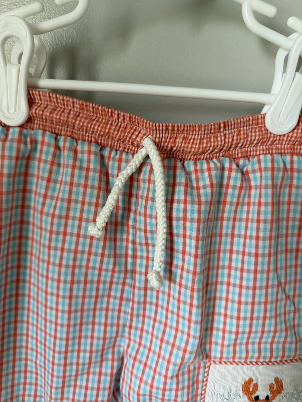 Three Sisters 18M Swim Shorts Blue Orange White Check Crab Drawstring